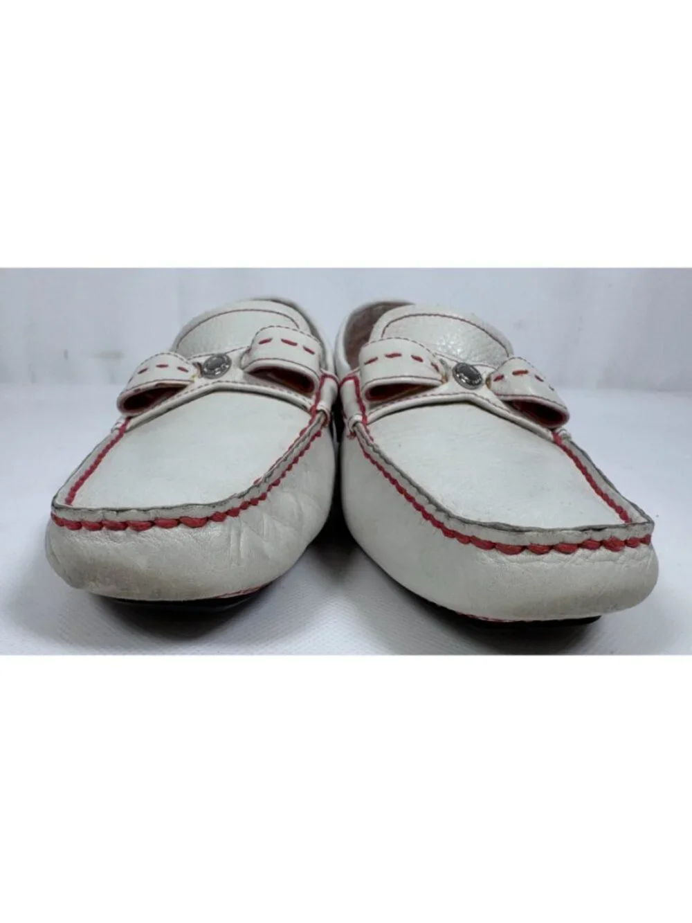 Cole Haan Women White Leather Driving Loafers Shoes Red Stitch Bow Size 8.5 B